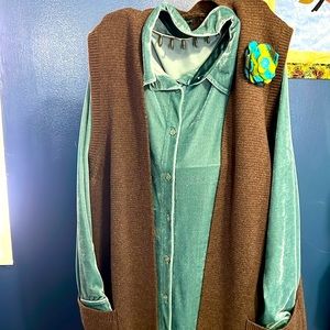 Soft Surroundings Teal Velvet Button Down Tunic Shirt